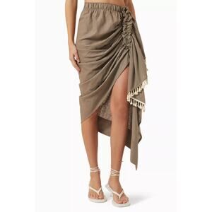 Just Bee Queen Cotton Ruffle Accent High-Low Midi Skirt Brown Women's Size S